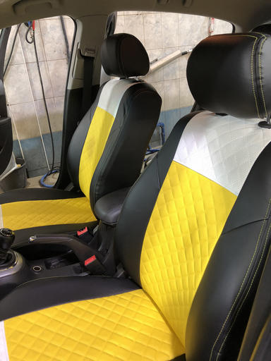 Eco-leather in three colors: black - yellow - white, Rhombus pattern. / &quot;Avtochekhly.ru&quot; - online store of car covers 